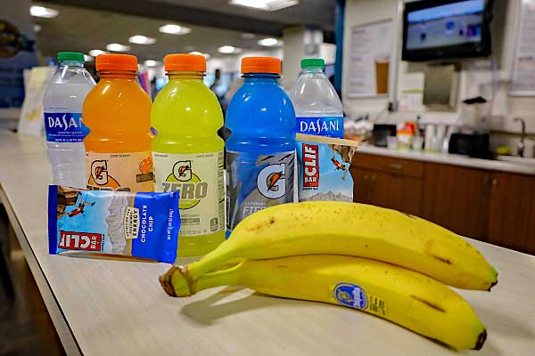 Sports drinks, water, energy bars, bananas and other food and drink available at the juice bar at Ellis Athletic Center